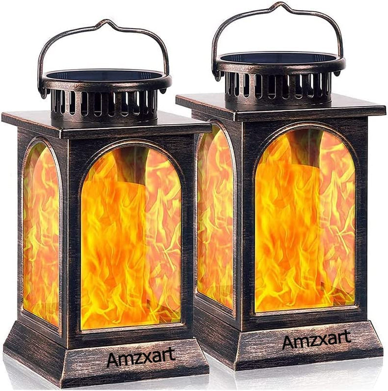 Solar Light Outdoor Metal Flame Flickering Solar Lantern Waterproof Outdoor Decorative Lighting for Garden Patio Yard Deck Table (2 Pack Bronze))