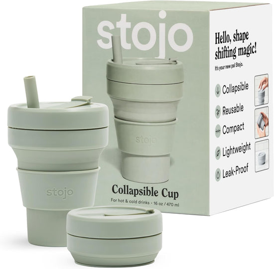 Collapsible Travel Cup with Straw - Sage Green, 16Oz / 470Ml - Reusable To-Go Pocket Size Silicone Bottle for Hot and Cold Drinks - Perfect for Camping and Hiking - Microwave & Dishwasher Safe