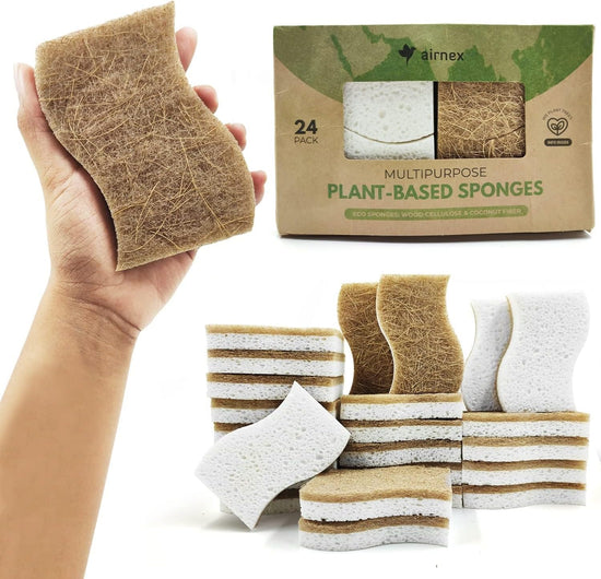 Biodegradable Natural Kitchen Sponge - Compostable Cellulose and Coconut Walnut Scrubber Sponge - Pack of 12 Eco Friendly Sponges for Dishes